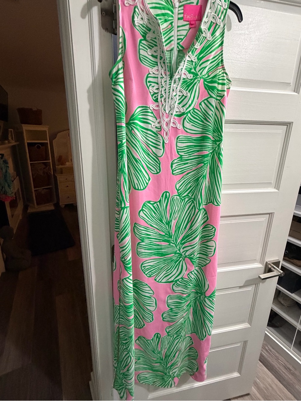 Lilly Pulitzer Pink Maxi Dress with Green Tropical Leaf Print and Lace V-Neck
